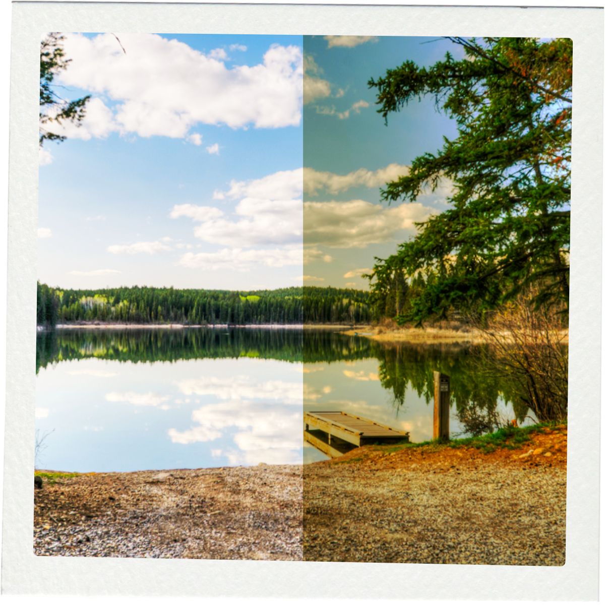 Lake reflection with a small dock and clear blue sky.