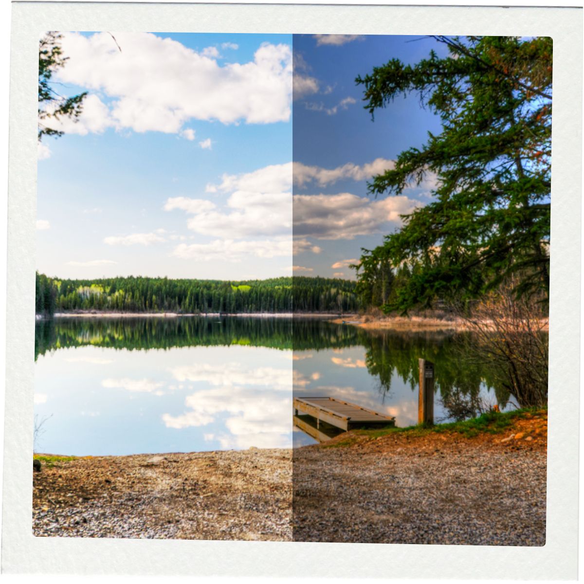 Lake reflection with a small dock and clear blue sky.